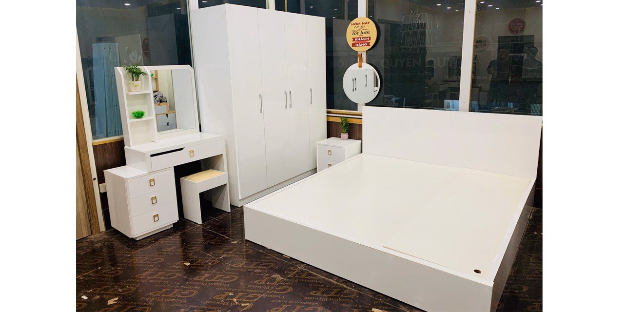 Combo-Bộ Nội Thất Phòng Ngủ Gỗ Công Nghiệp Melamine Trắng