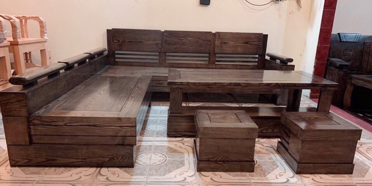 Sofa-salon-bàn Ghế Phòng Khách Gỗ Sồi Góc Trứng Lớn Màu óc Chó