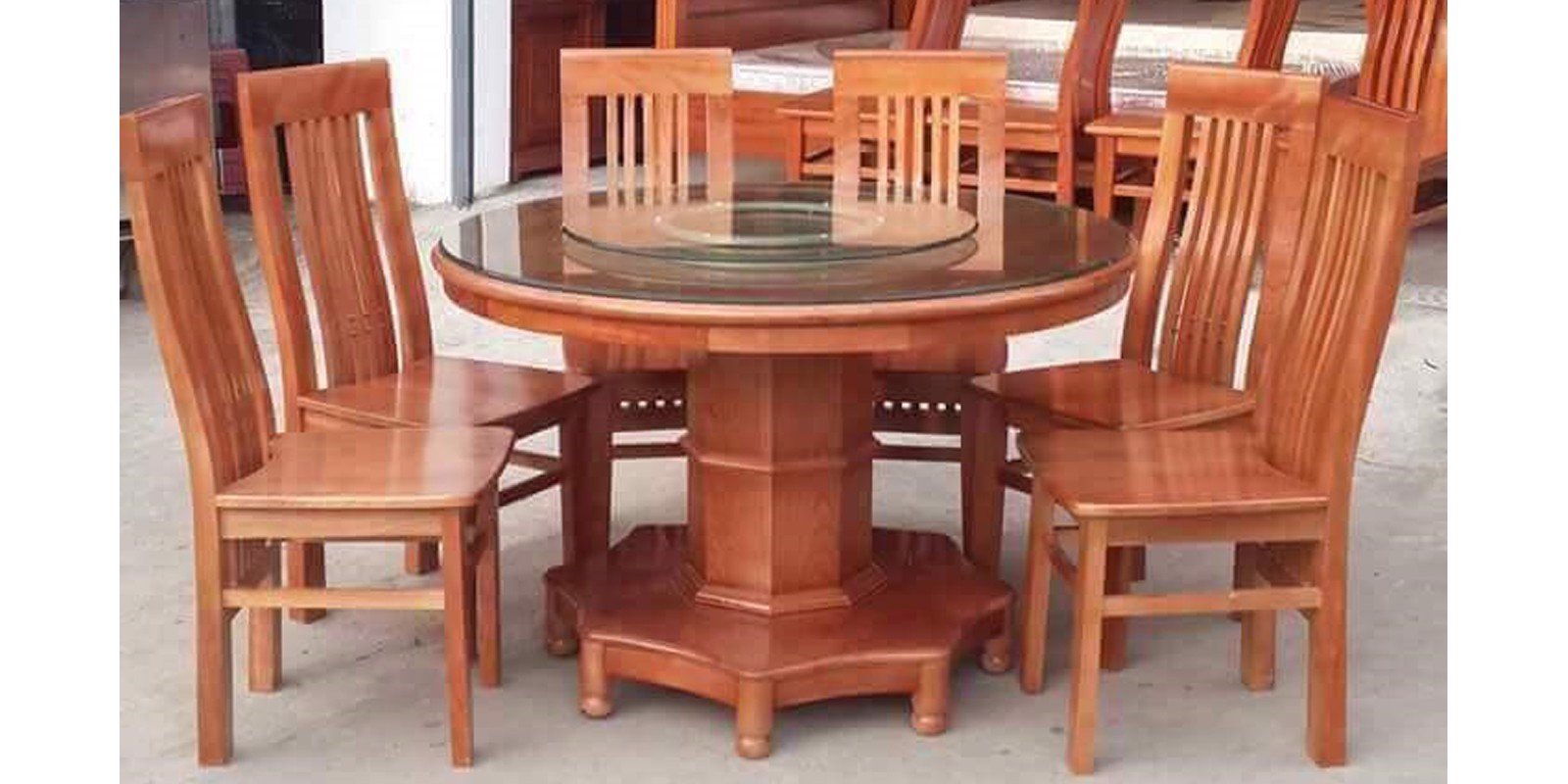 Bộ Bàn ăn Tròn Xoay 6 Ghế Gỗ Sồi